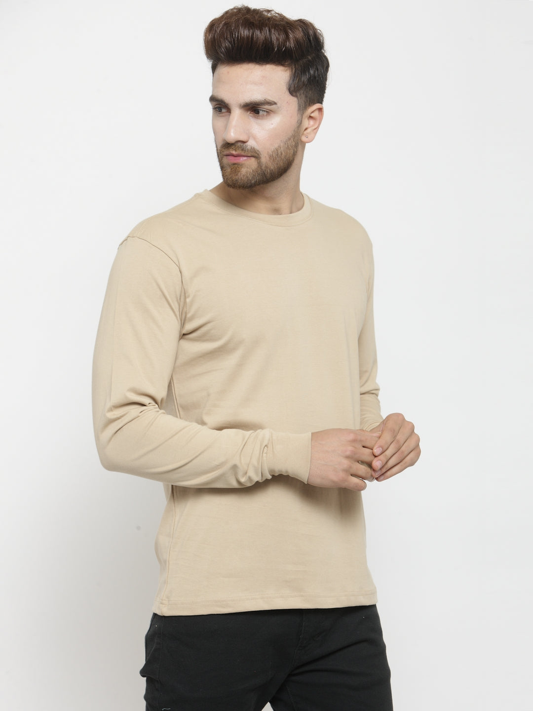 Men Solid Round Neck with rib Full Sleeve T-shirt - Friskers