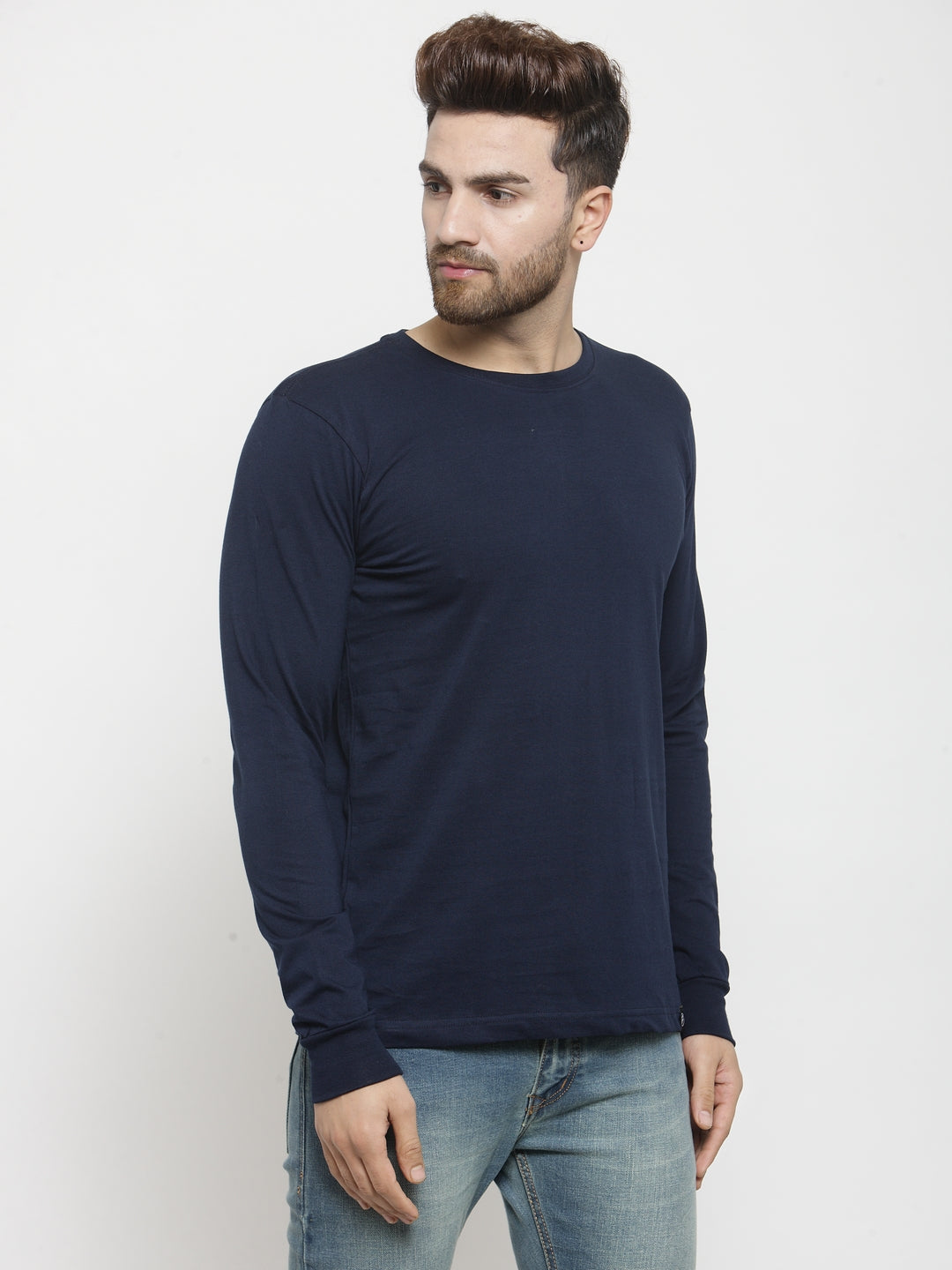 Men Solid Round Neck with rib Full Sleeve T-shirt - Friskers
