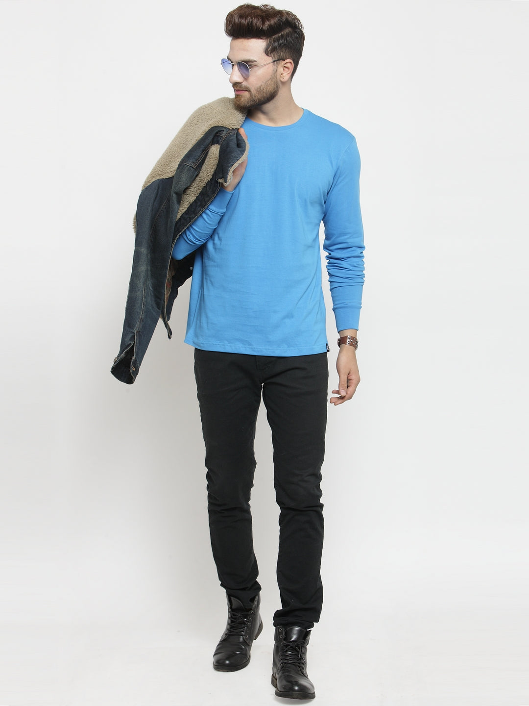 Men Solid Round Neck with rib Full Sleeve T-shirt - Friskers