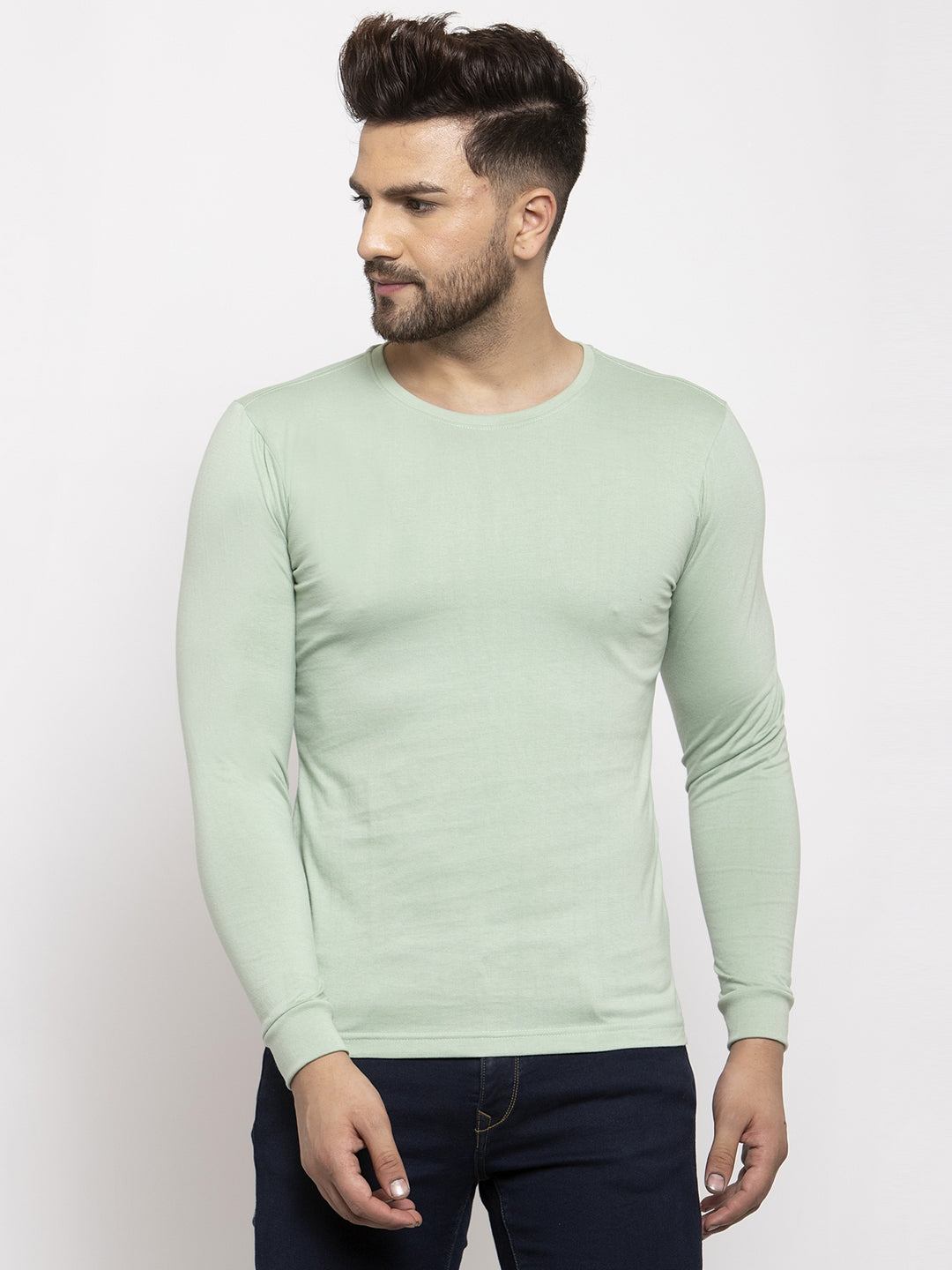 Men Solid Round Neck with rib Full Sleeve T-shirt - Friskers