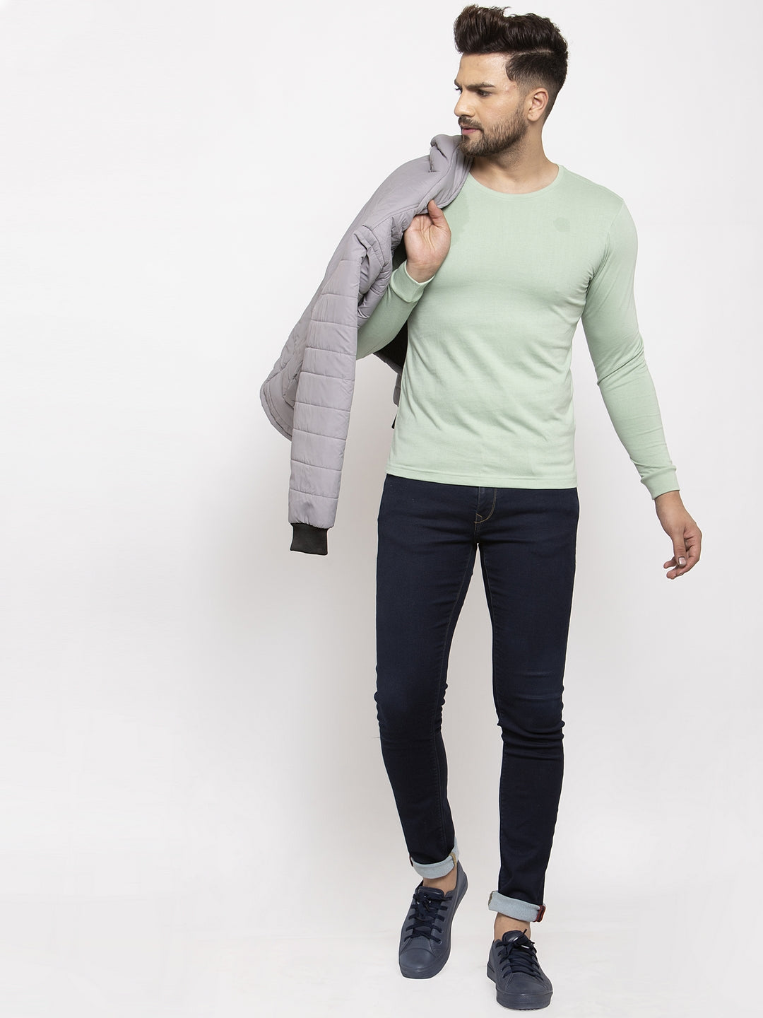 Men Solid Round Neck with rib Full Sleeve T-shirt - Friskers