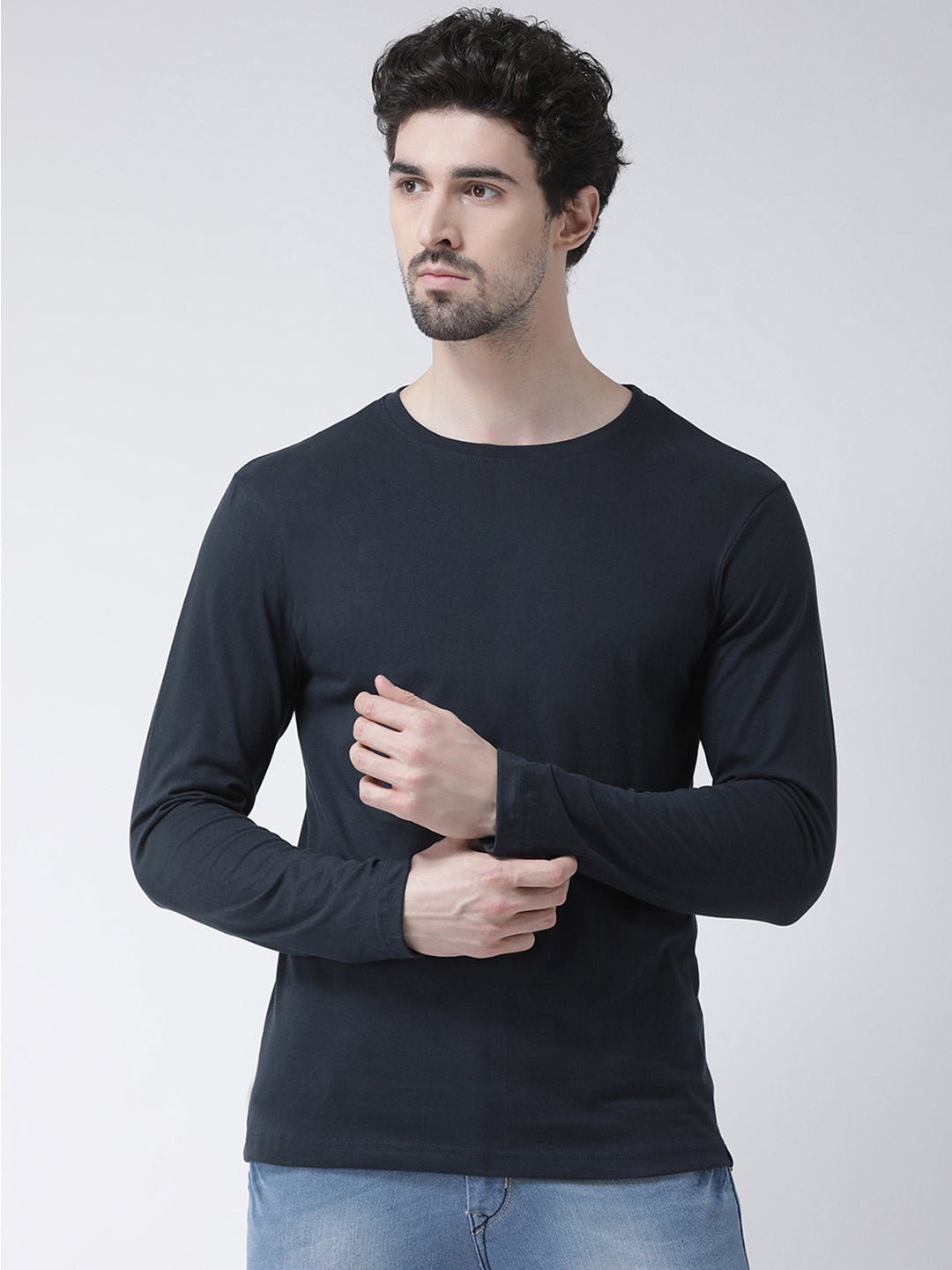 Men Solid Round Neck Full Sleeve T-shirt - Friskers