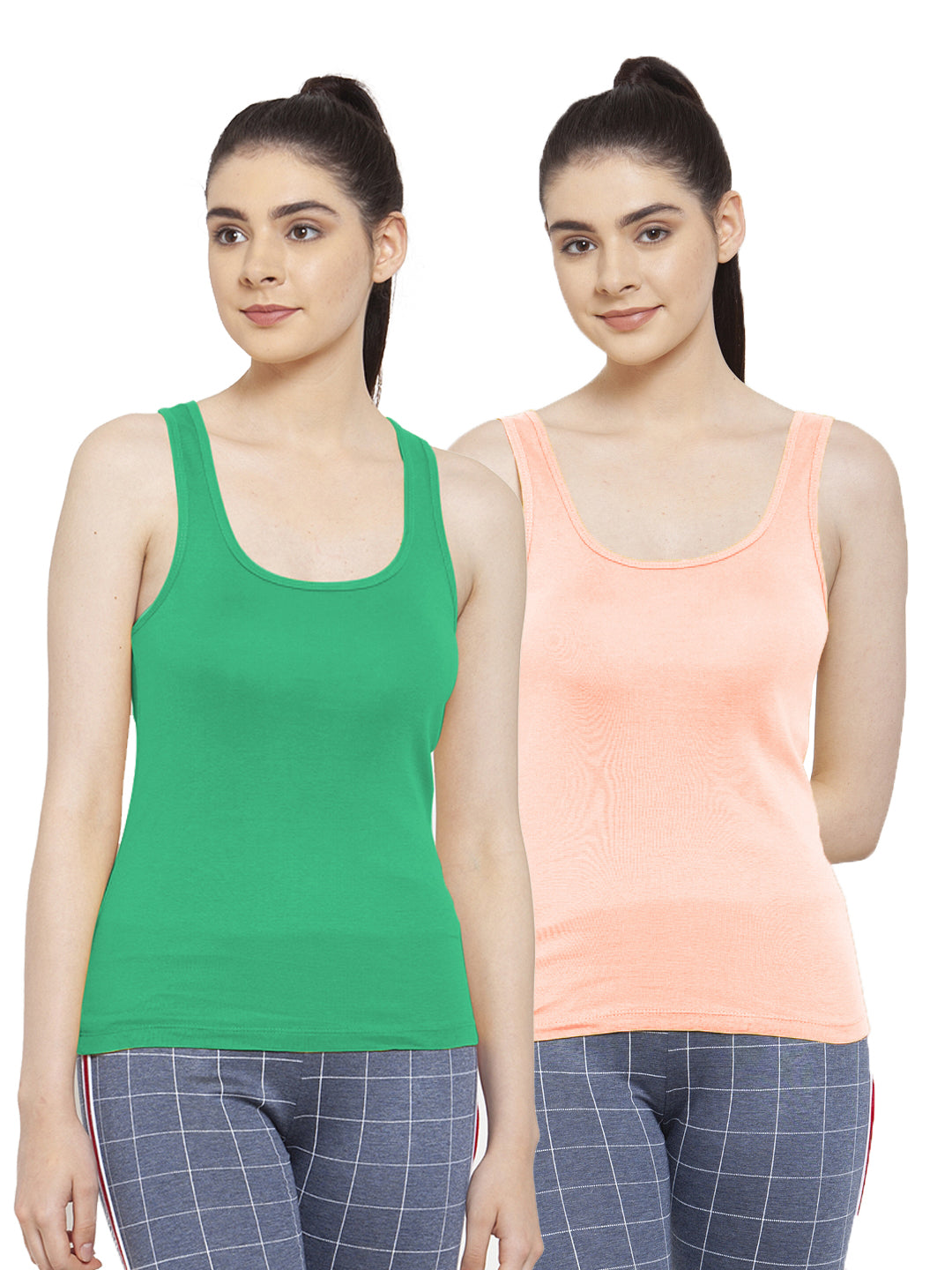 Women Pack Of 2 Green & Peach Ultimate Active Tank Top - Friskers