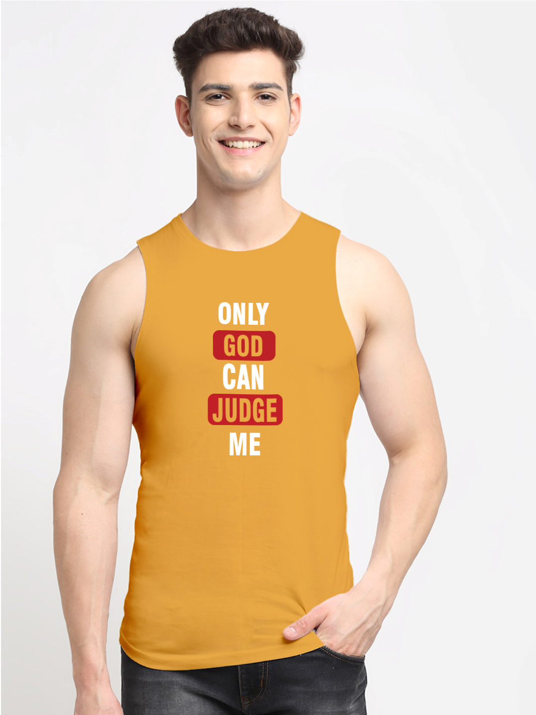 Men's Only God Can Judge Me Printed Round Neck Gym Vest - Friskers