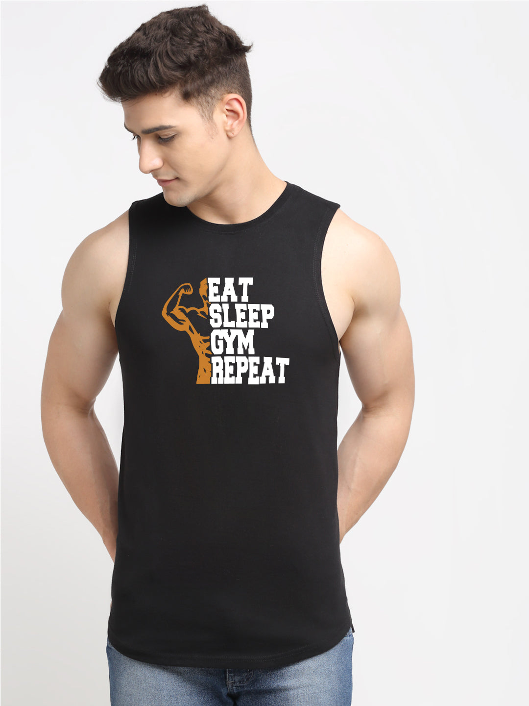 Men's Eat Sleep Gym Repeat Printed Round Neck Gym Vest - Friskers