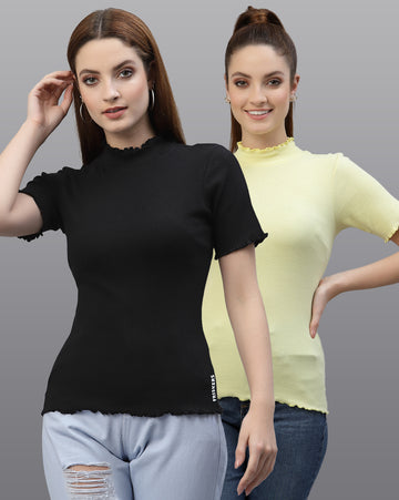 Women Pack Of 2 High Neck Ribbed Cotton Top - Friskers