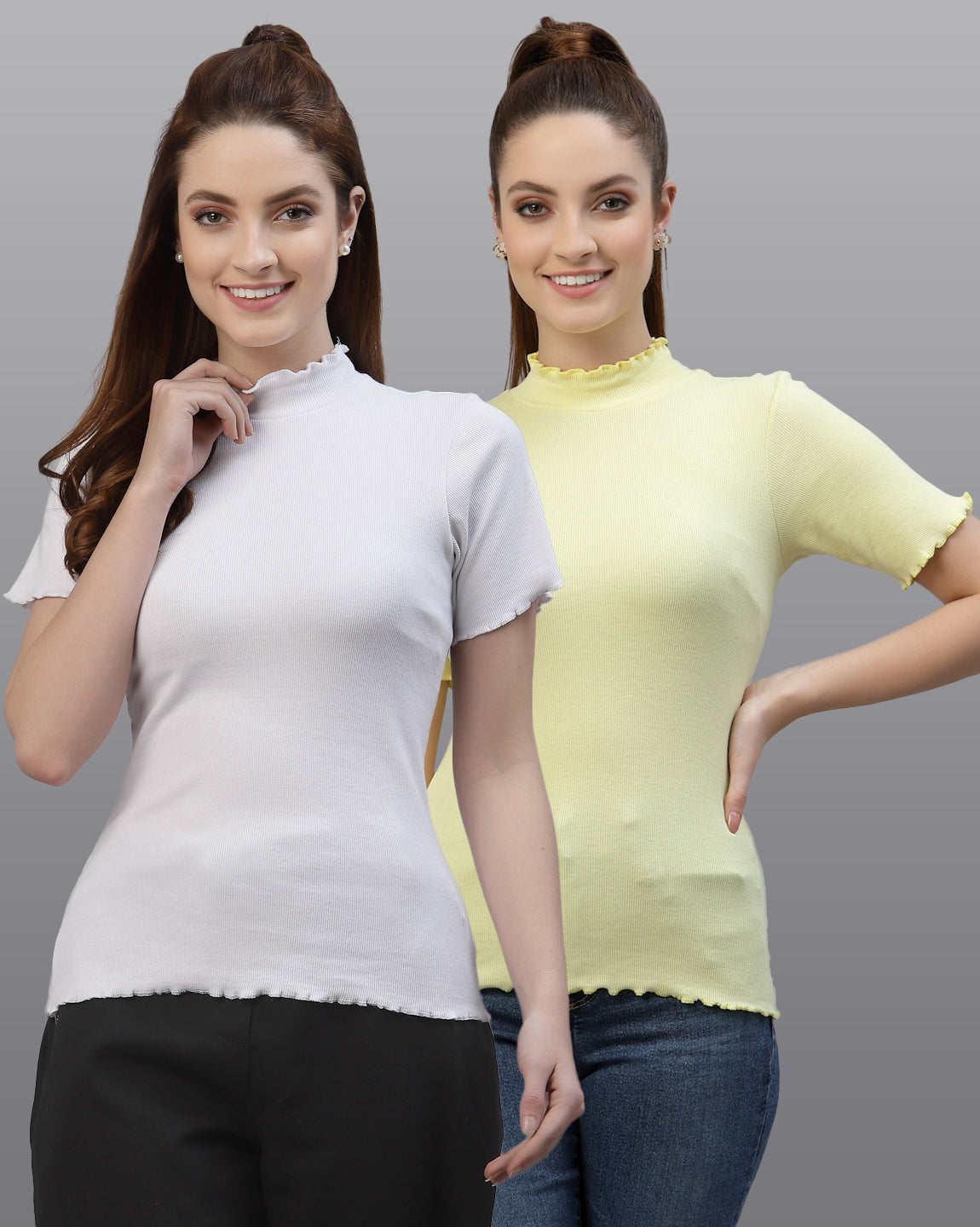 Women Pack Of 2 High Neck Ribbed Cotton Top - Friskers