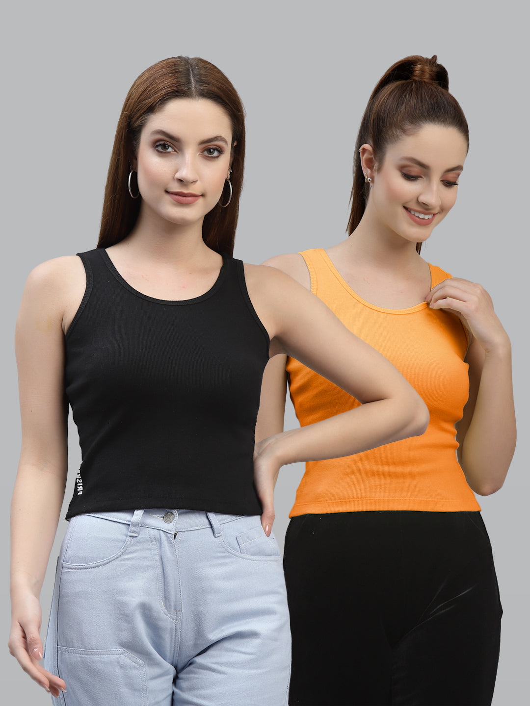 Women Pack Of 2 Black & multi Solid Crop Top - Friskers