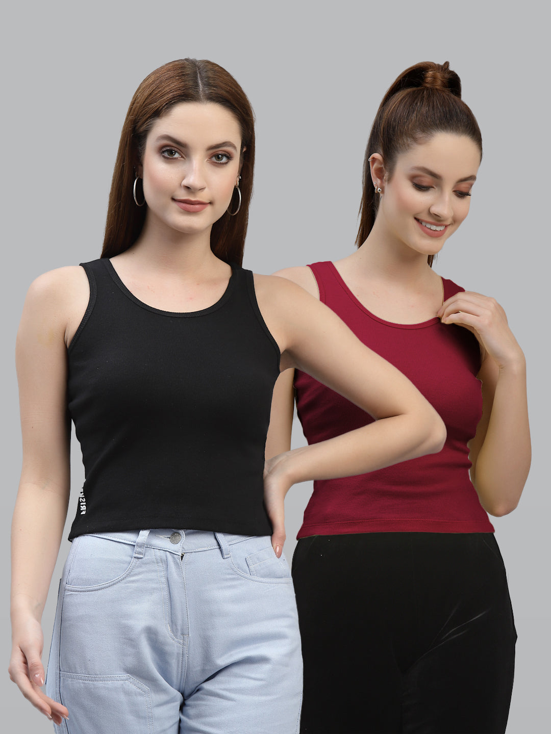 Women Pack Of 2 Black & multi Solid Crop Top - Friskers