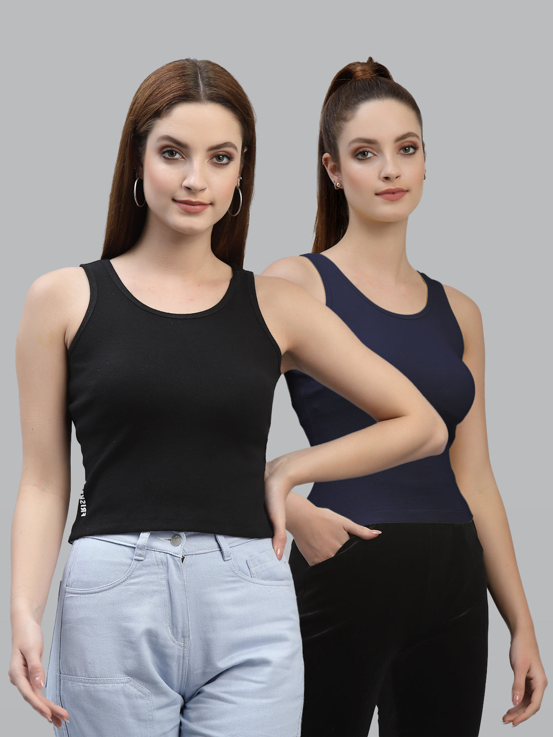 Women Pack Of 2 Black & multi Solid Crop Top - Friskers