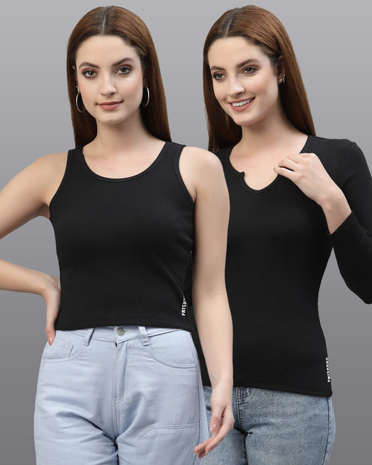 Women Pack Of 2 Slim Fit Pure Cotton Top - Friskers