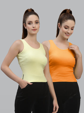 Women Pack Of 2 Yellow & Orange Solid Crop Top - Friskers