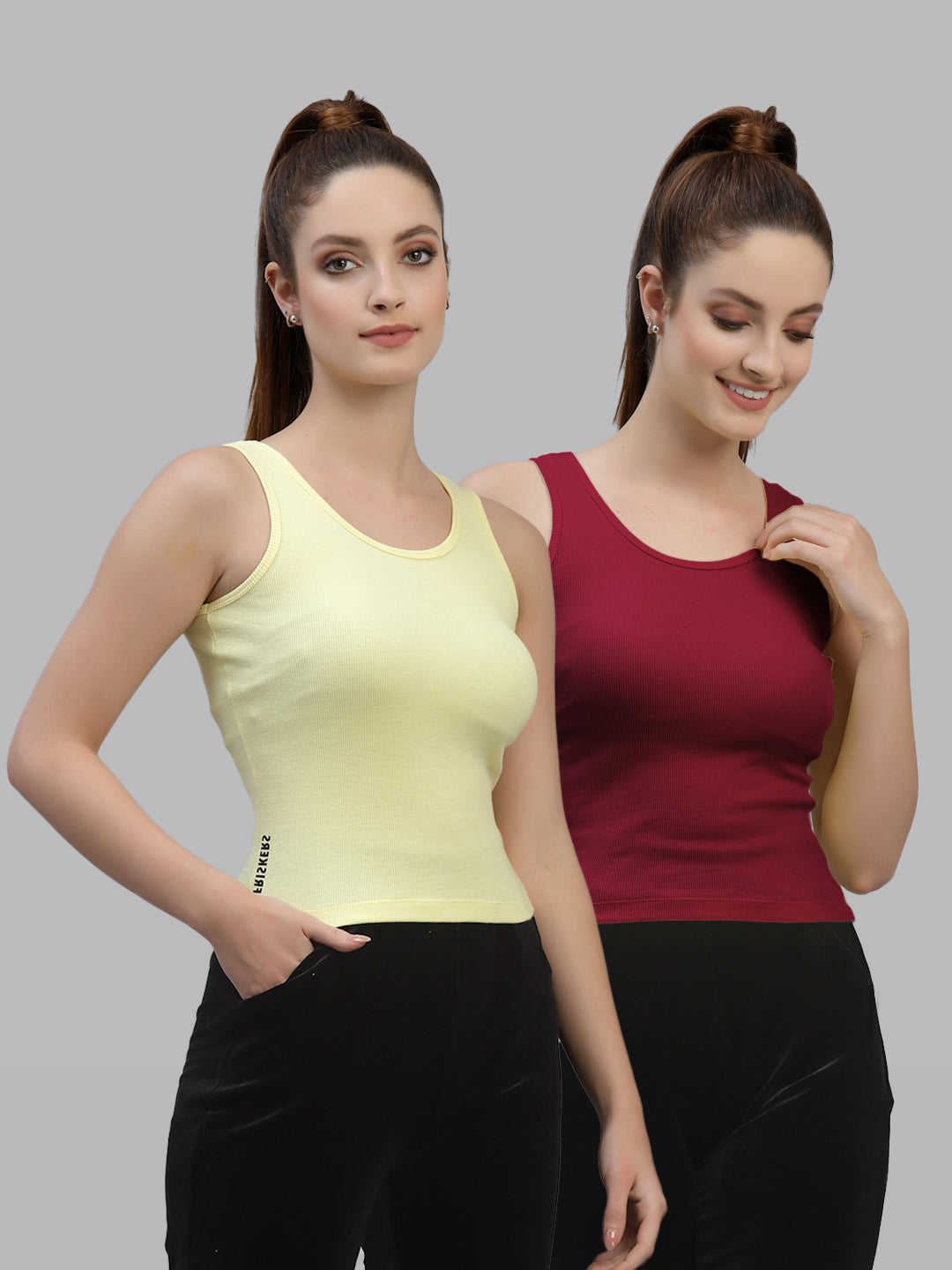 Women Pack Of 2 Yellow & Orange Solid Crop Top - Friskers