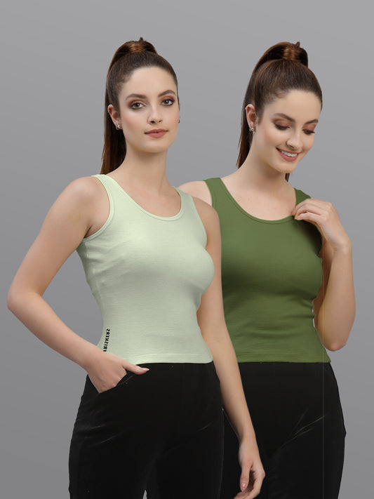 Women Pack Of 2 Pista & Olive Green Solid Crop Top - Friskers