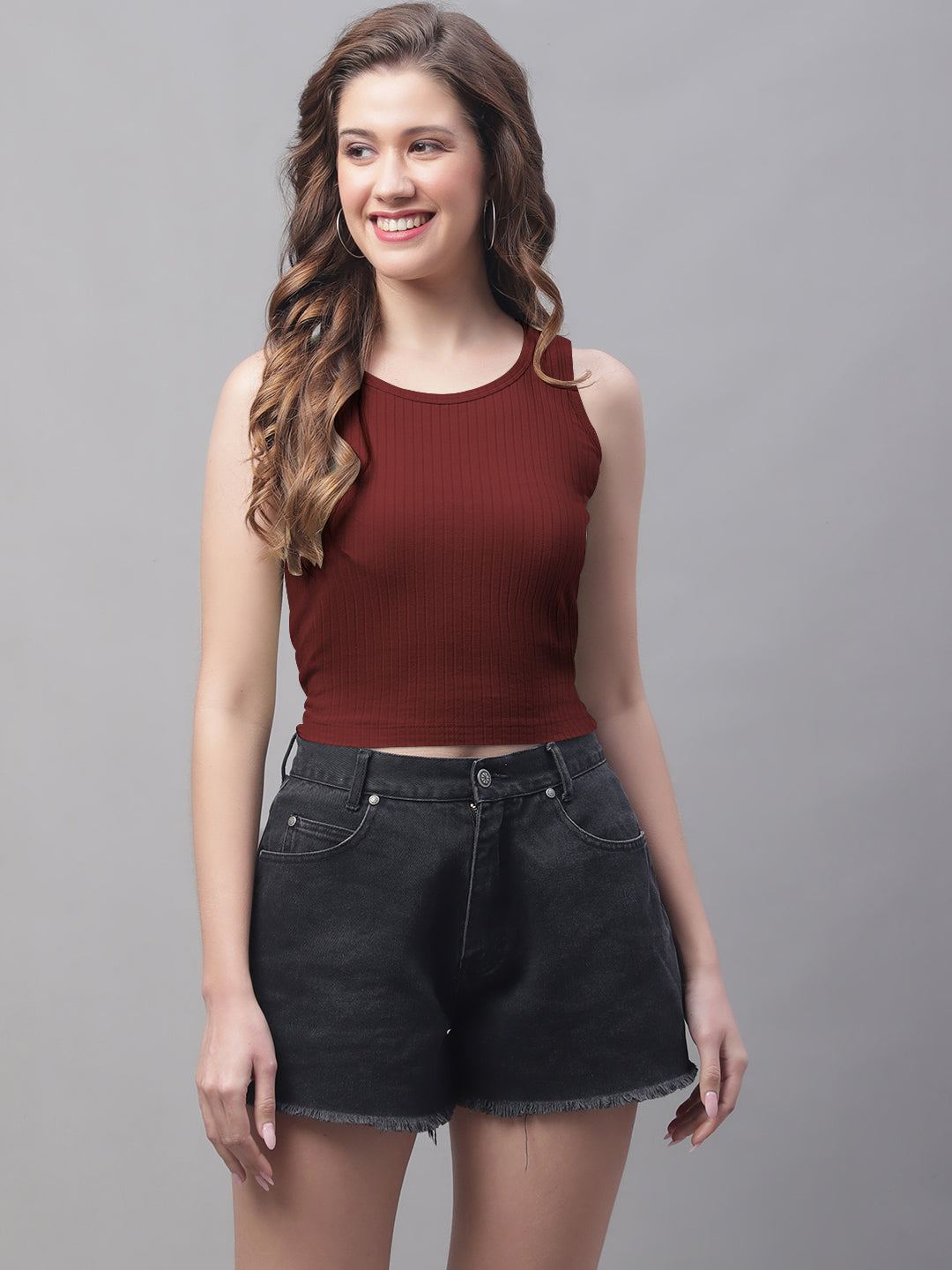 Friskers Women Solid Ribbed Round-Neck Crop Top - Friskers