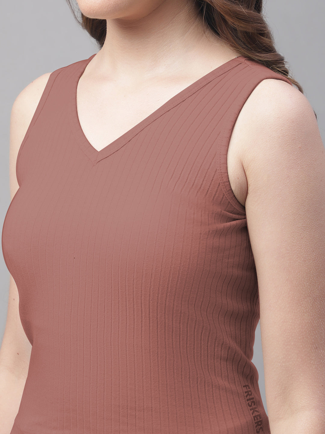 Women Solid Fitted Side Cut V Neck Top - Friskers