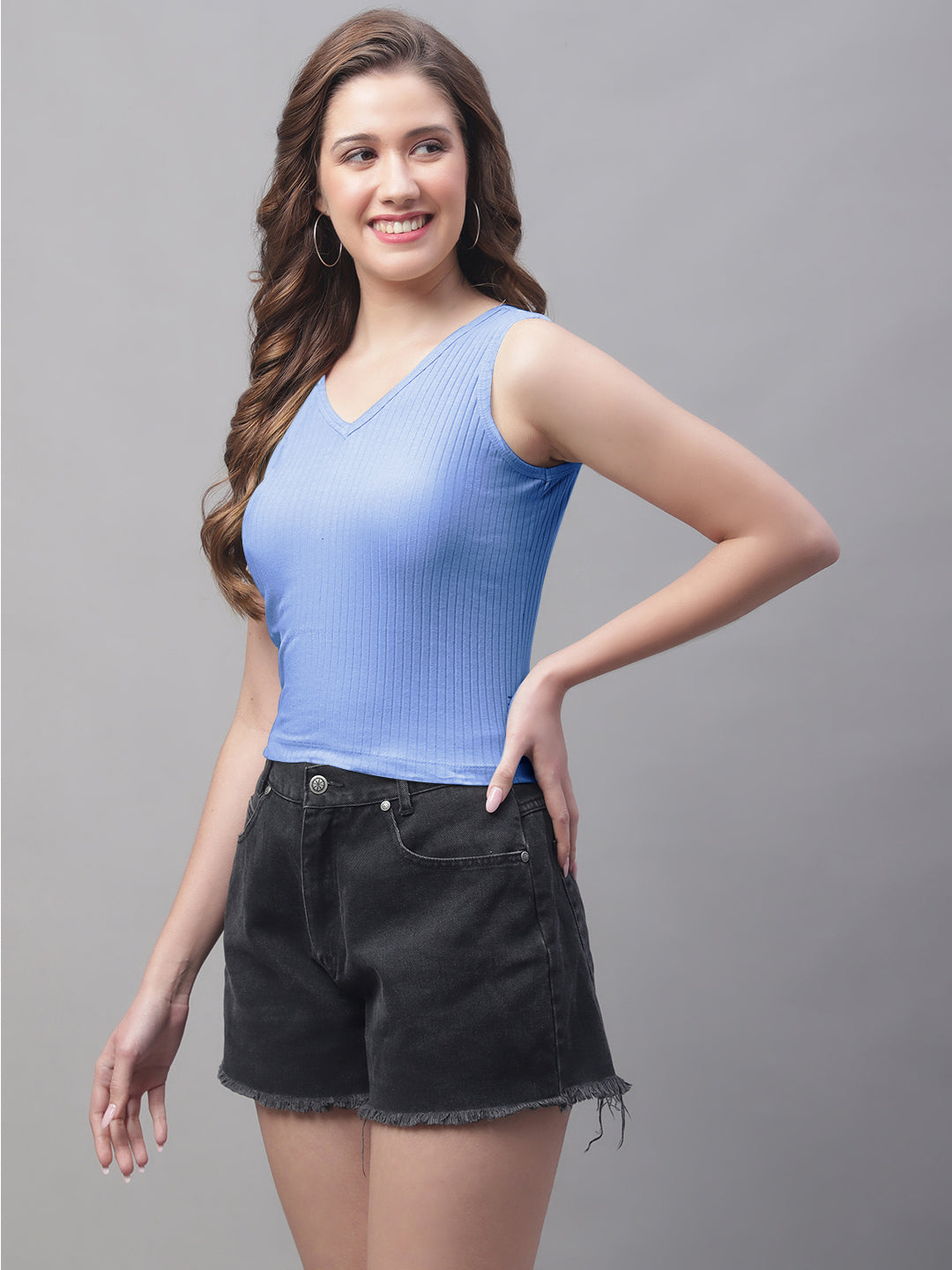 Women Solid Fitted Side Cut V Neck Top - Friskers