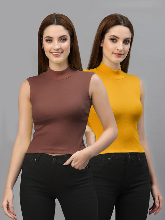 Women Pack Of 2 Brown & Mustard Solid Crop Top - Friskers