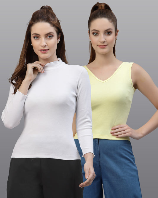 Women Pack Of 2 Pure Cotton Ribbed Top - Friskers