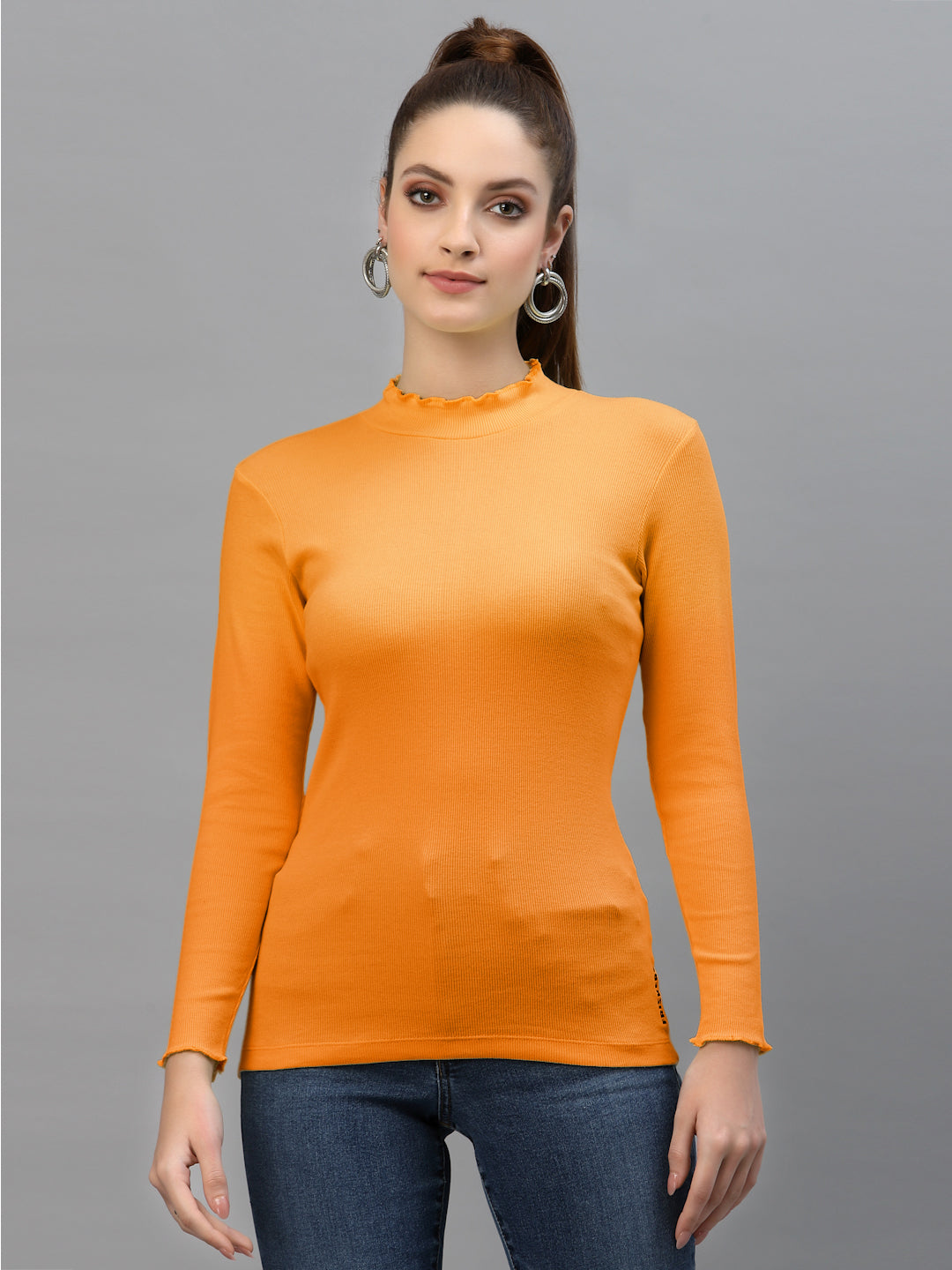Women Solid Fitted High Neck Full Sleeve Top - Friskers