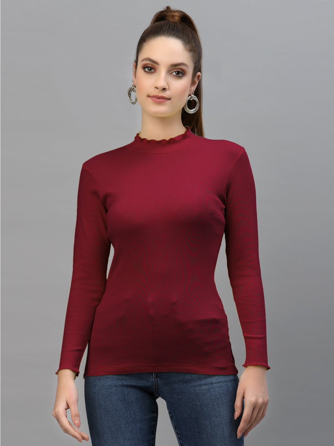 Women Solid Fitted High Neck Full Sleeve Top - Friskers