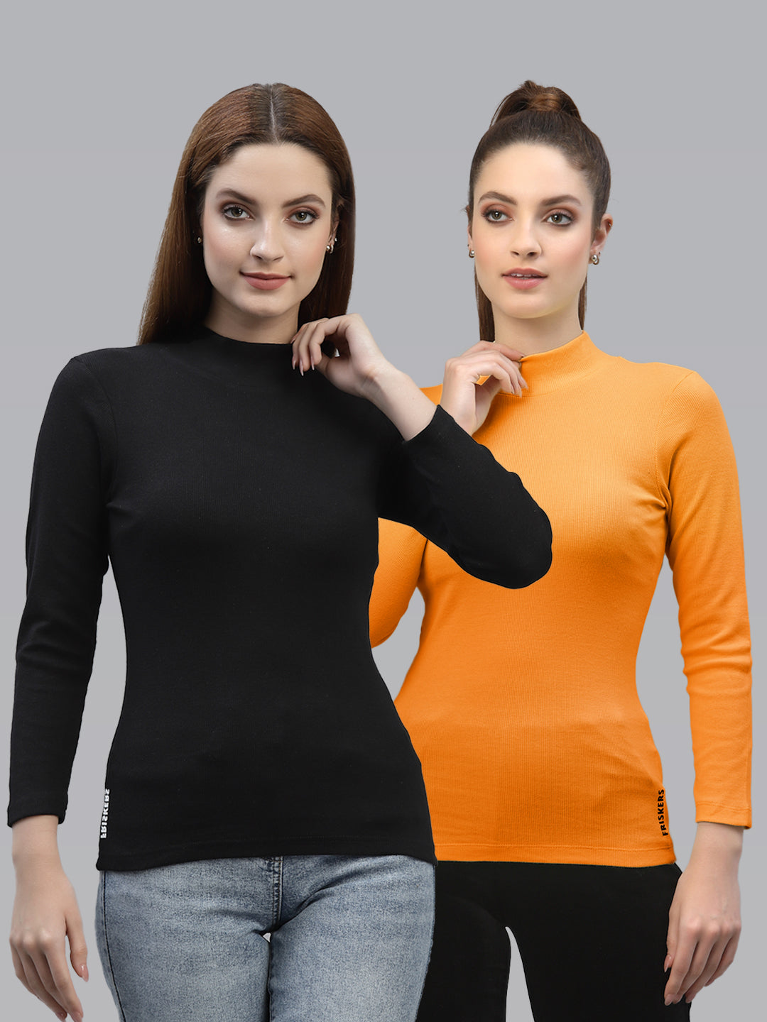 Women Pack Of 2 High Neck Full Sleeves Fitted Cotton Top - Friskers