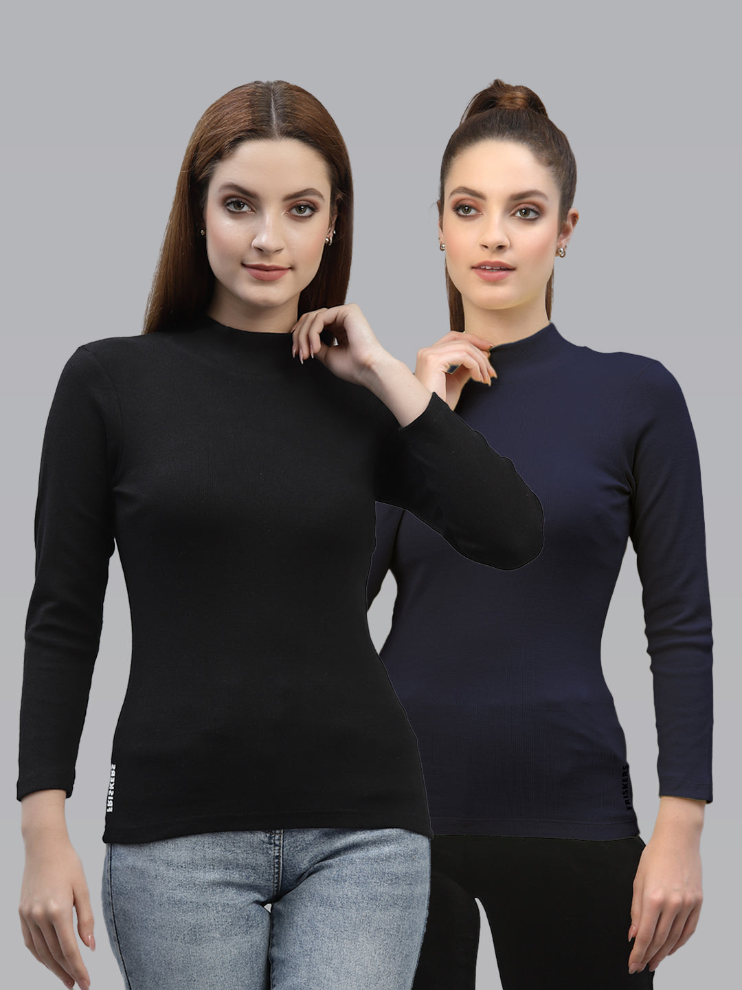 Women Pack Of 2 High Neck Full Sleeves Fitted Cotton Top - Friskers