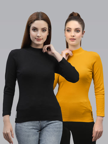 Women Pack Of 2 High Neck Full Sleeves Fitted Cotton Top - Friskers