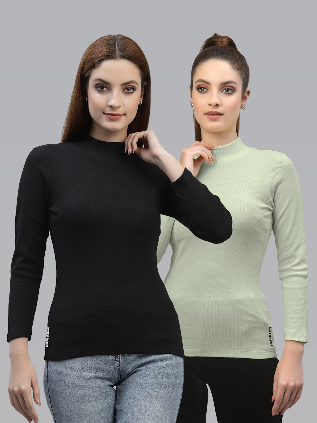 Women Pack Of 2 High Neck Full Sleeves Fitted Cotton Top - Friskers