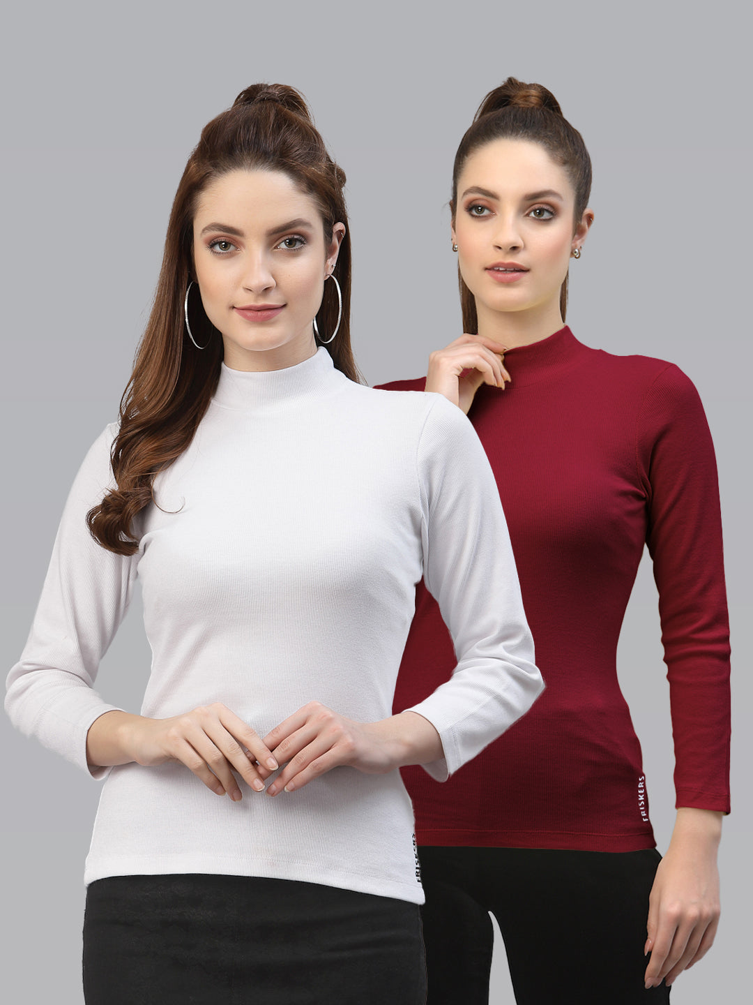 Women Pack Of 2 High Neck Full Sleeves Pure Cotton Top - Friskers