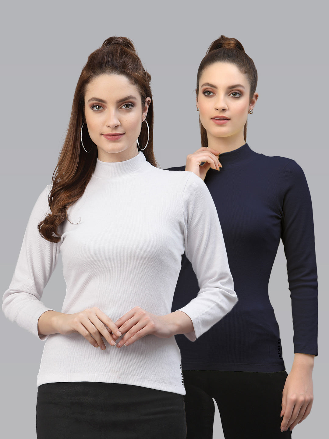 Women Pack Of 2 High Neck Full Sleeves Pure Cotton Top - Friskers