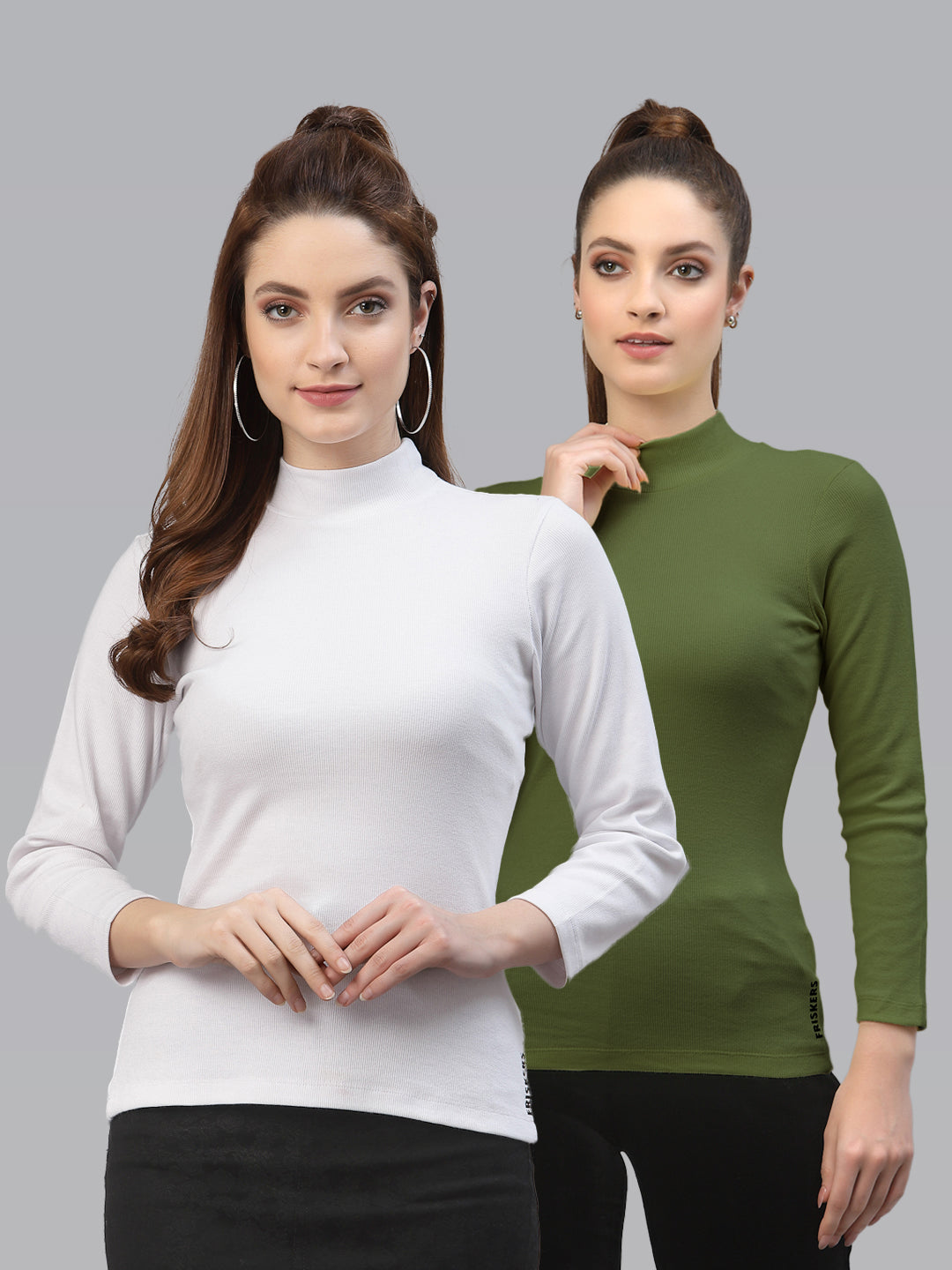 Women Pack Of 2 High Neck Full Sleeves Pure Cotton Top - Friskers