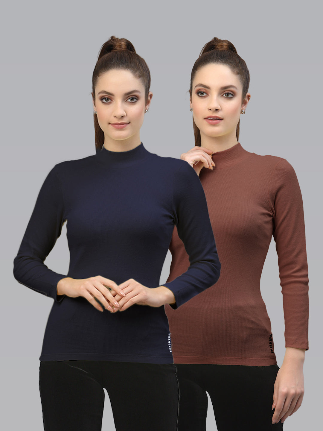 Women Pack Of 2 High Neck Solid Cotton Top - Friskers