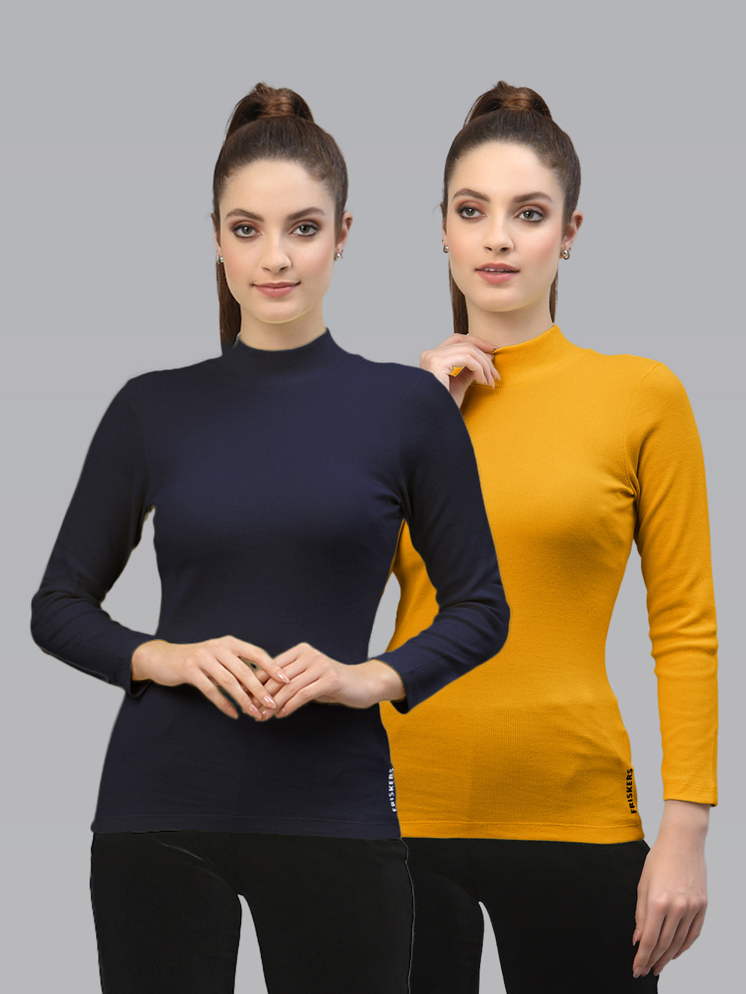 Women Pack Of 2 High Neck Solid Cotton Top - Friskers