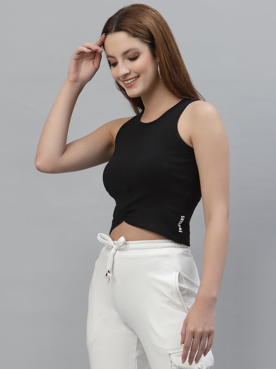 Women Round Neck Solid Sleeveless High-Low Crop Top - Friskers