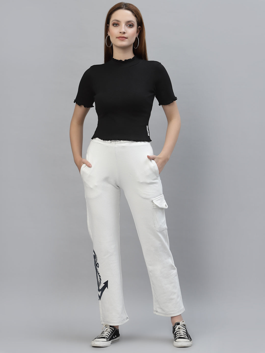 Women White High Neck Lettuce-Edge Rib Crop Top - Friskers