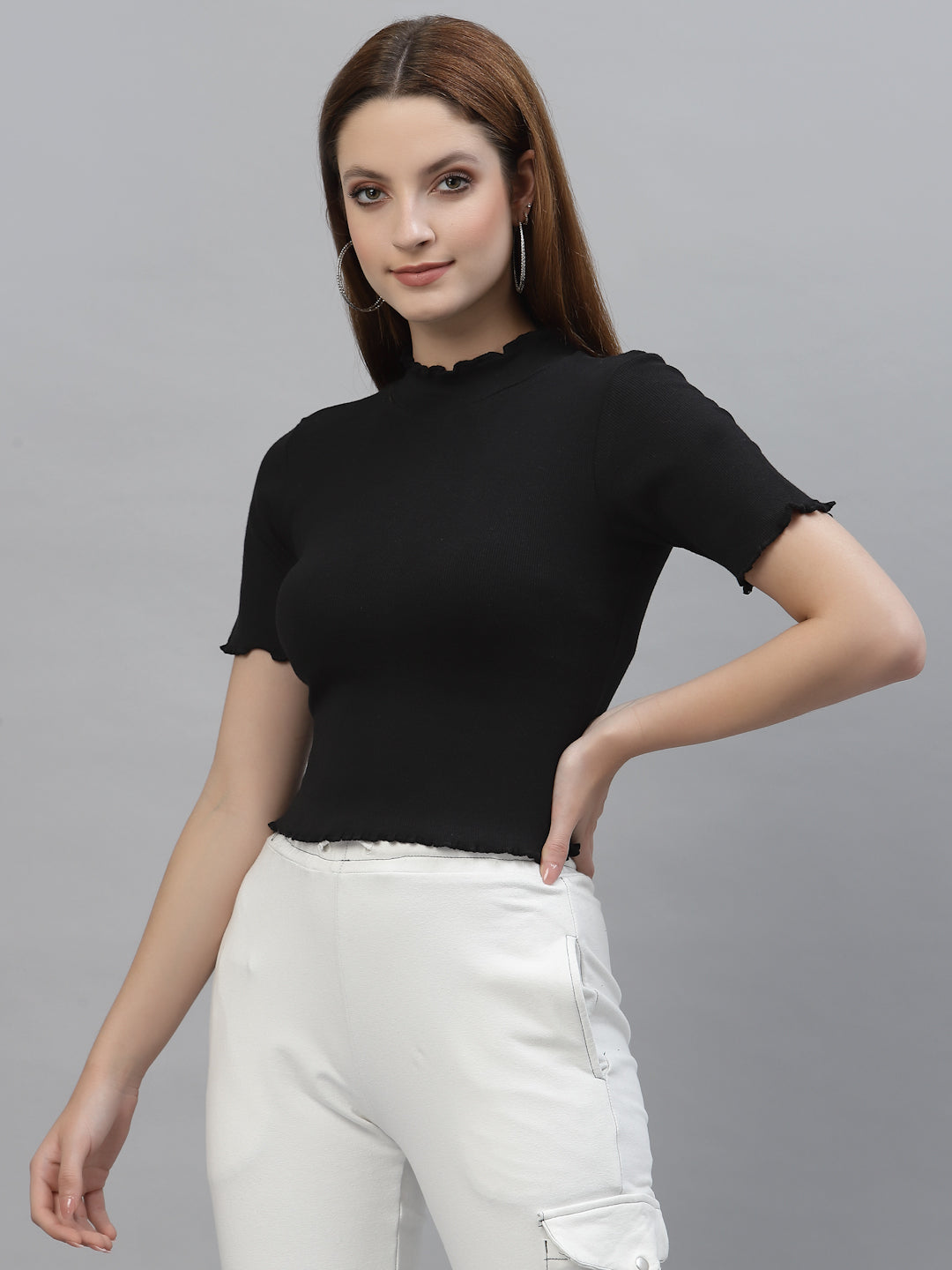 Women White High Neck Lettuce-Edge Rib Crop Top - Friskers