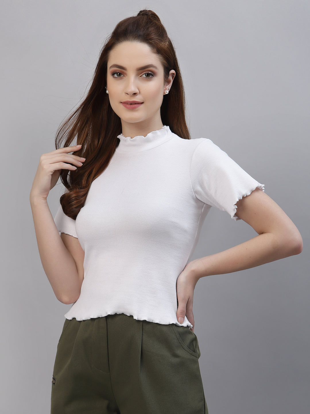 Women White High Neck Lettuce-Edge Rib Crop Top - Friskers