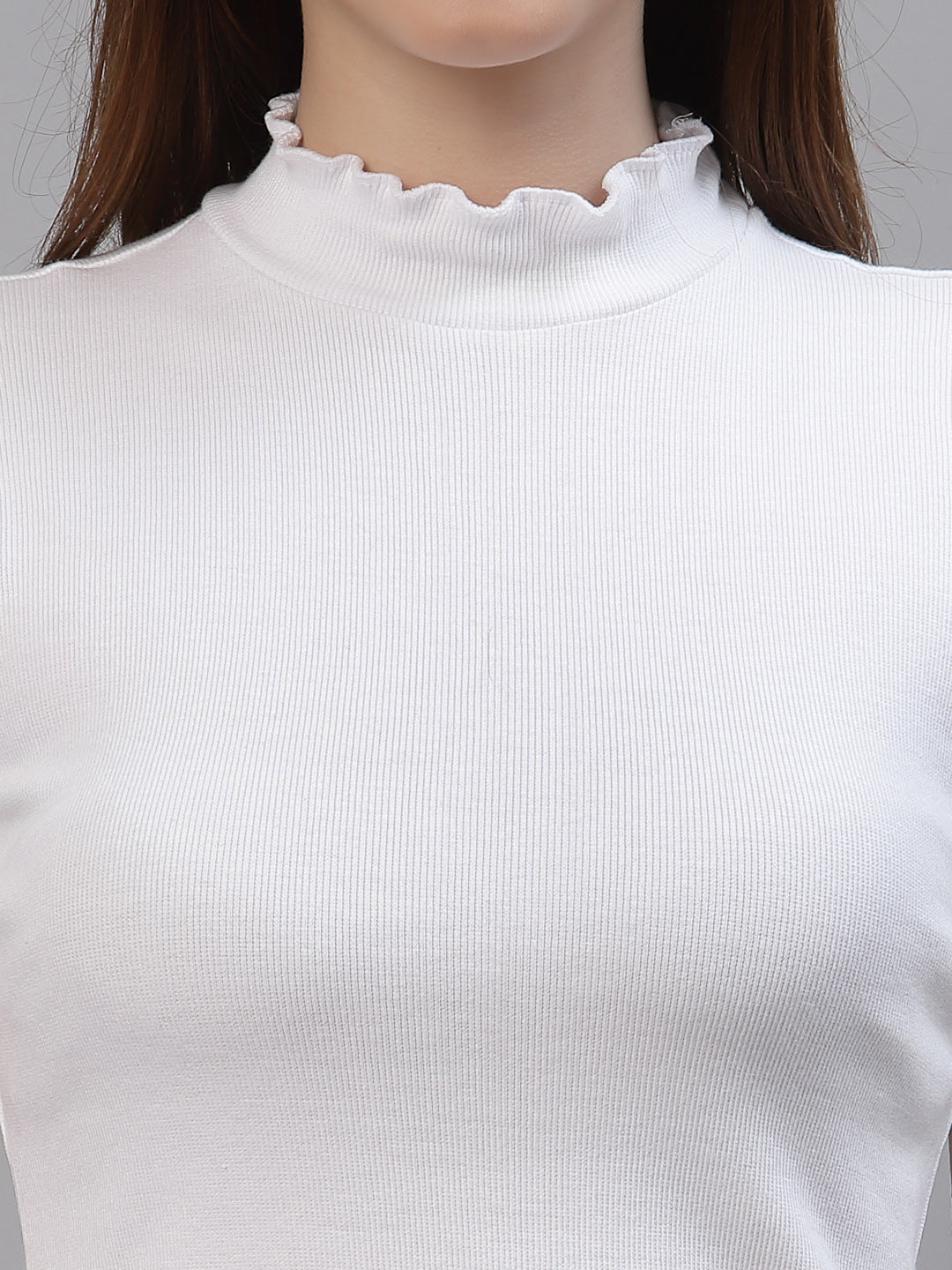 Women White High Neck Lettuce-Edge Rib Crop Top - Friskers