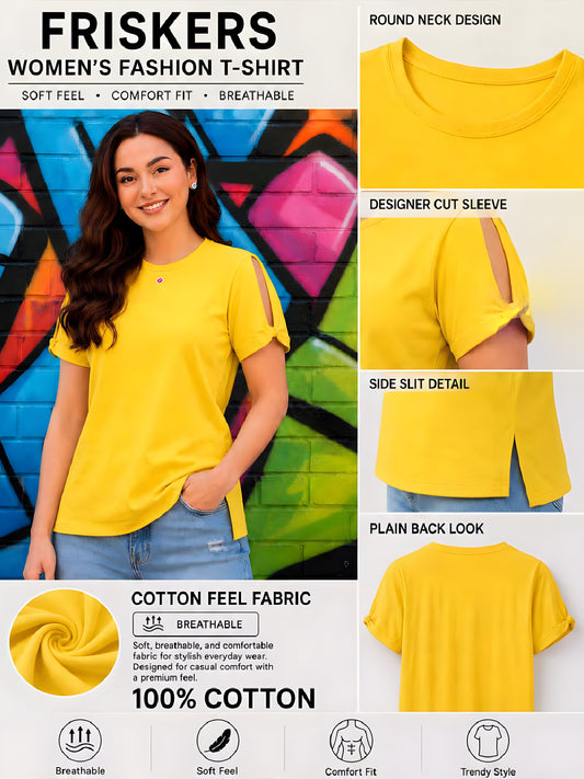 Women Slit Sleeves Pure Cotton T-Shirt
