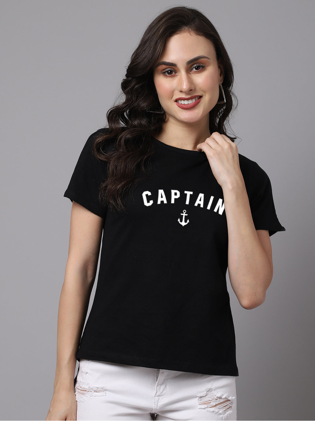 Women Slit Sleeves Captain Printed Pure Cotton T-Shirt - Friskers