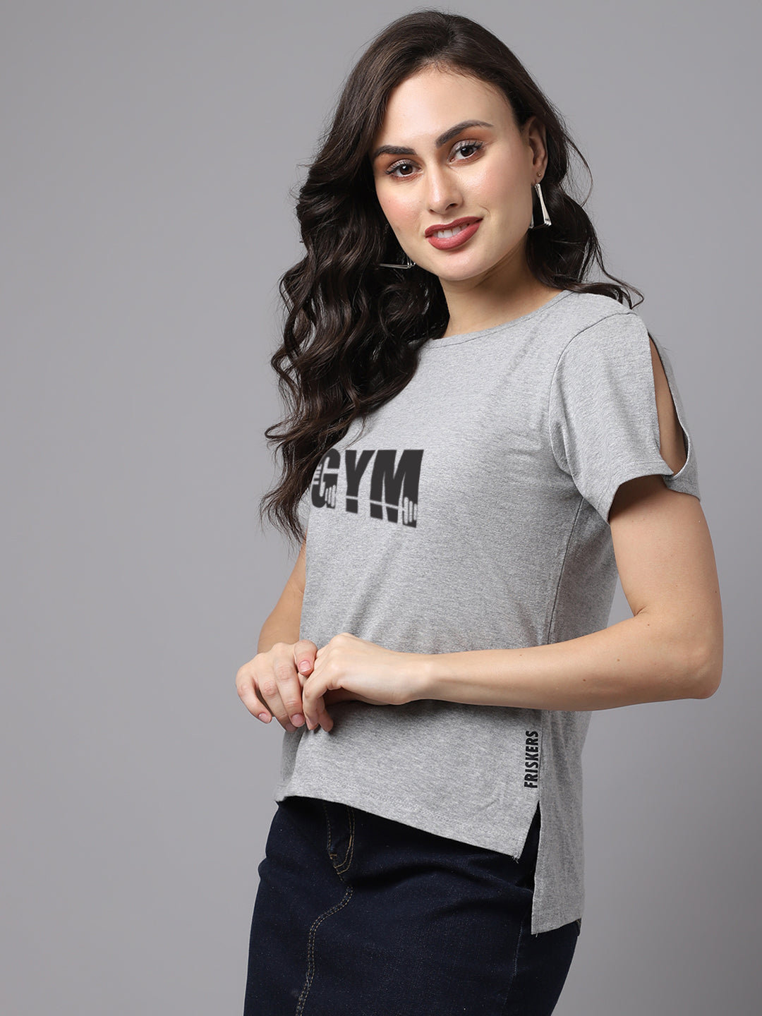 Women Slit Sleeves Gym Printed Pure Cotton T-Shirt - Friskers
