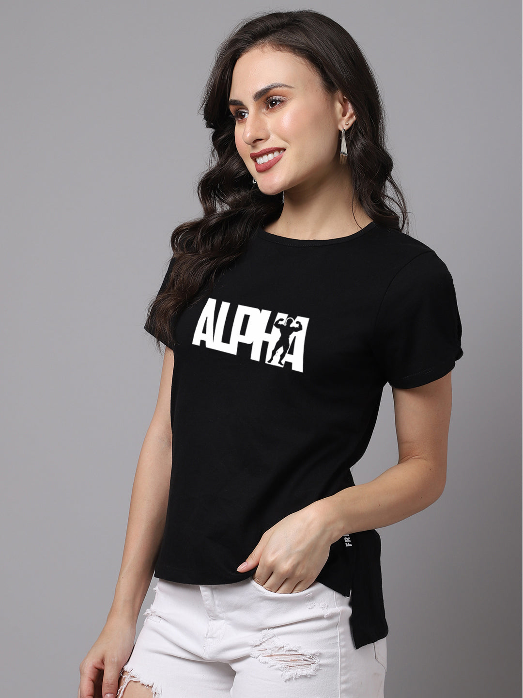 Women Slit Sleeves Alpha Printed Pure Cotton T-Shirt - Friskers