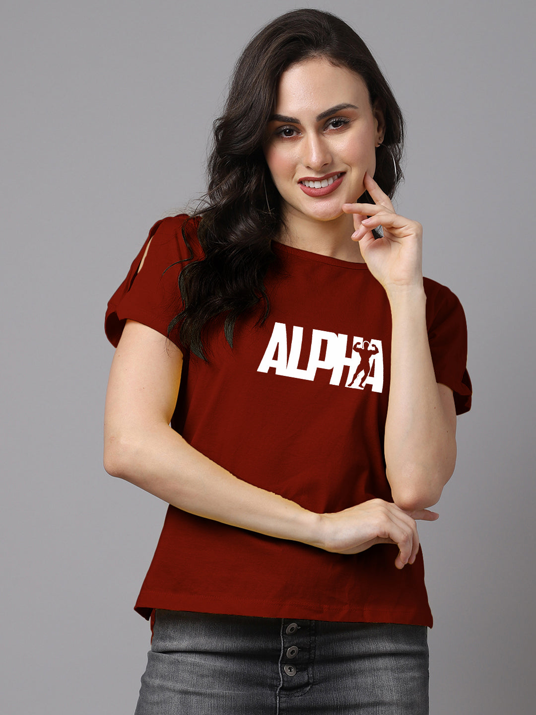 Women Slit Sleeves Alpha Printed Pure Cotton T-Shirt - Friskers