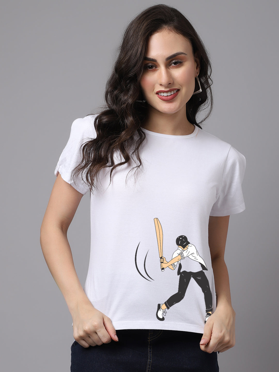 Women Slit Sleeves Cricket Printed  Pure Cotton T-Shirt - Friskers