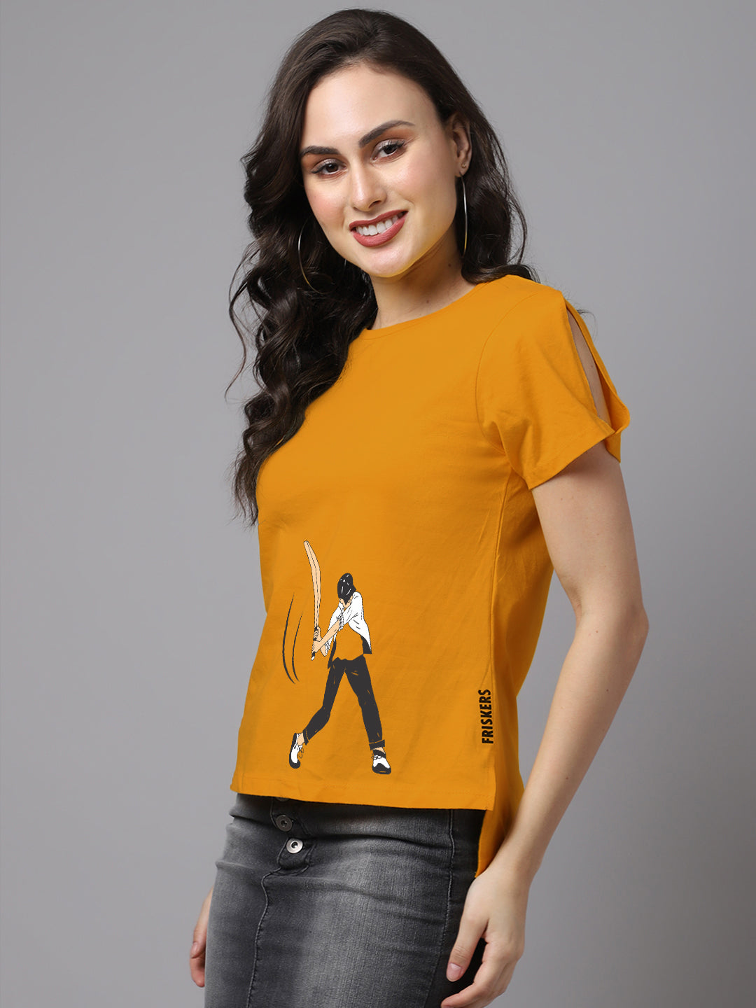 Women Slit Sleeves Cricket Printed  Pure Cotton T-Shirt - Friskers
