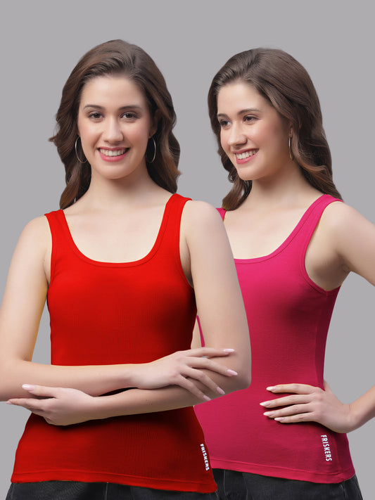 Women Pack Of 2 Red & Pink Regular Tank Top - Friskers