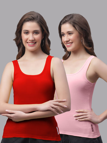 Women Pack Of 2 Red & Coral Regular Tank Top - Friskers