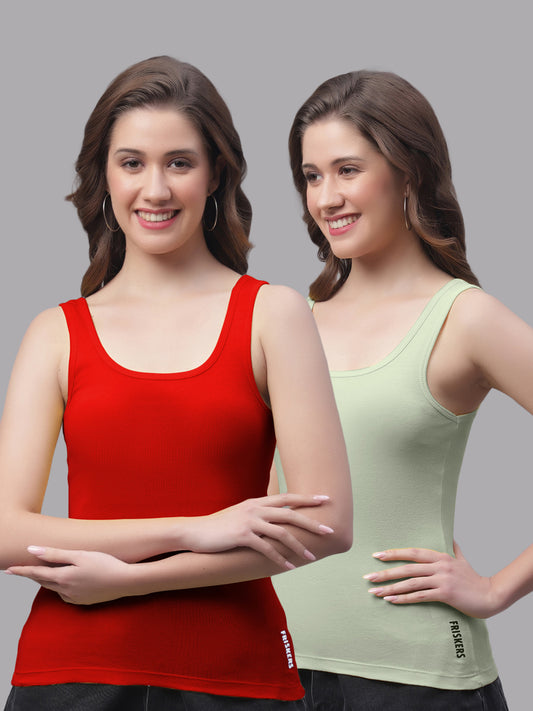 Women Pack Of 2 Red & Pista Regular Tank Top - Friskers