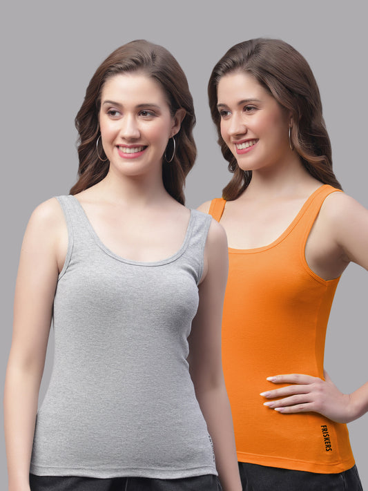 Women Pack Of 2 Grey & Orange Regular Tank Top - Friskers